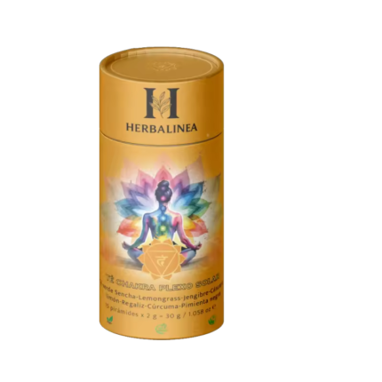 Té Chakra Plexo Solar Herbalinea en tubo amarillo – Infusión herbal premium de té verde, jengibre, limón y cúrcuma.