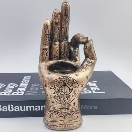 porta incienso mano mística bronce para conos y velas pequeñas