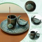 porta incienso de cerámica azul con luna 3 en 1