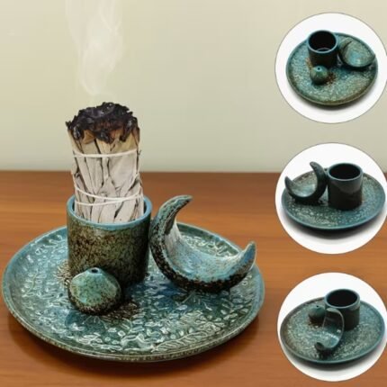 porta incienso de cerámica azul con luna 3 en 1