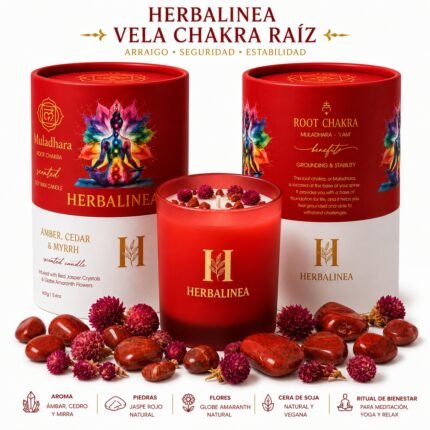 HERBALINEA Vela Chakra de Soja 100% con Piedras Naturales y Flores Secas, Vela Aromática para Meditación, Yoga, Relajación y Decoración, Regalo Original, 160 g (Rojo - Chakra Raíz)