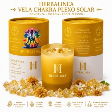 Vela Chakra Plexo Solar con Citrino y Flores Naturales | HERBALINEA