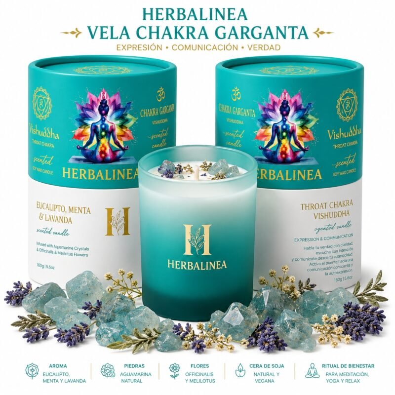 Vela Chakra Garganta con Aguamarina y Flores Naturales | HERBALINEA