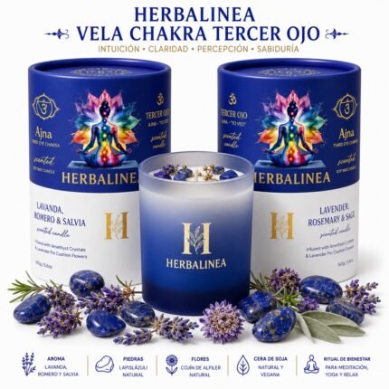 Vela Chakra Tercer Ojo con Lapislázuli y Flores Naturales | HERBALINEA