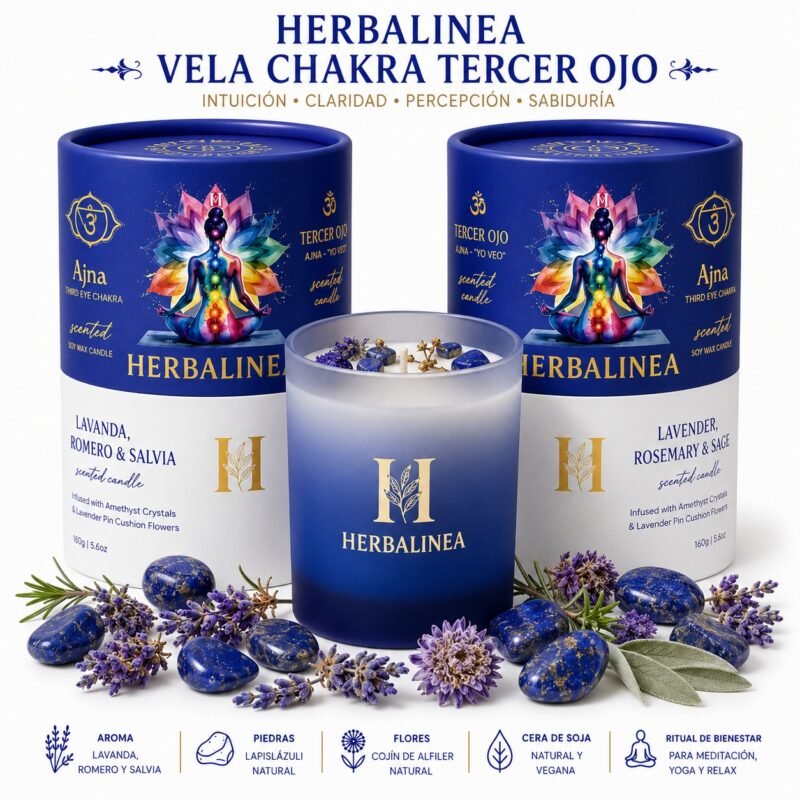Vela Chakra Tercer Ojo con Lapislázuli y Flores Naturales | HERBALINEA