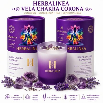Vela Chakra Corona con Amatista y Flores de Lavanda | HERBALINEA