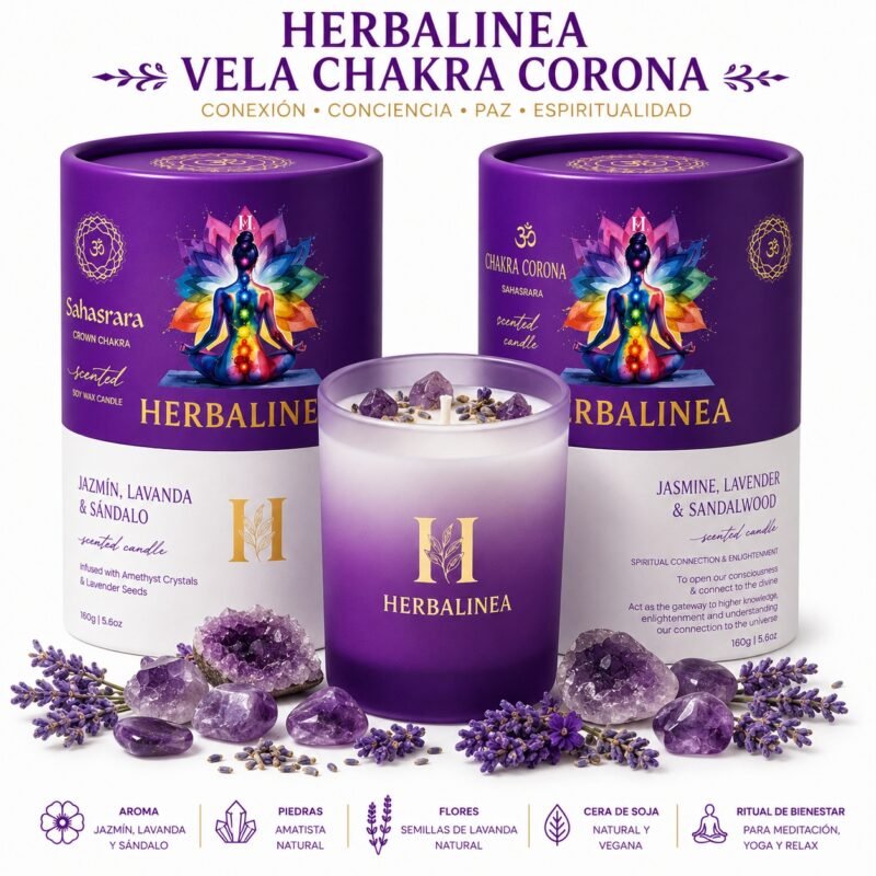 Vela Chakra Corona con Amatista y Flores de Lavanda | HERBALINEA