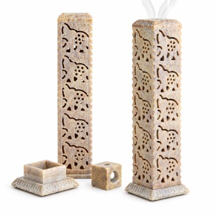 Carved Soapstone Tower for Incense or Candles – Handcrafted Burner Featuring Elephants